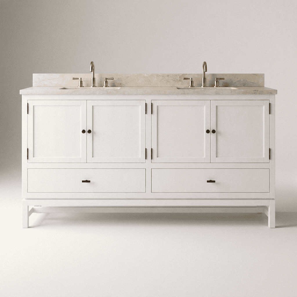 Front studio view of Diego 60 inch solid wood double bathroom vanity in painted white finish