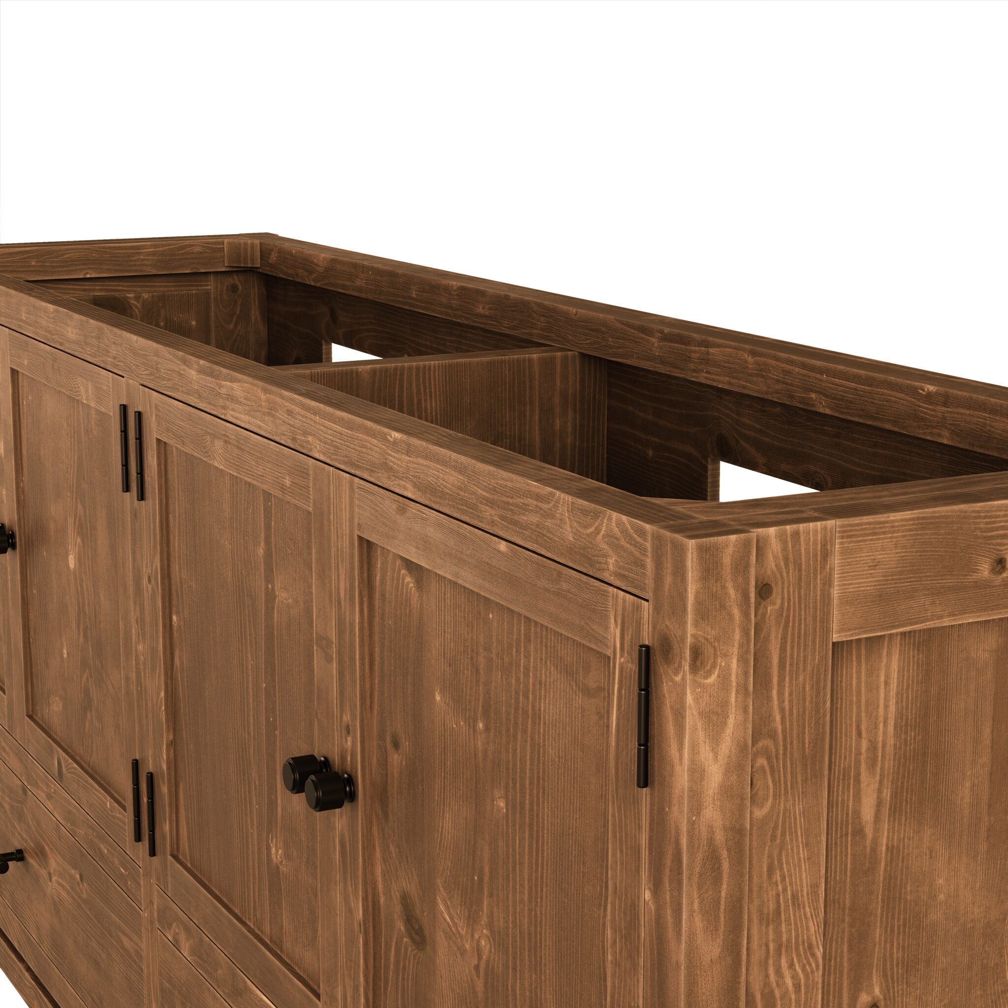 Side detail view of Diego solid wood bathroom vanity in British Tan finish