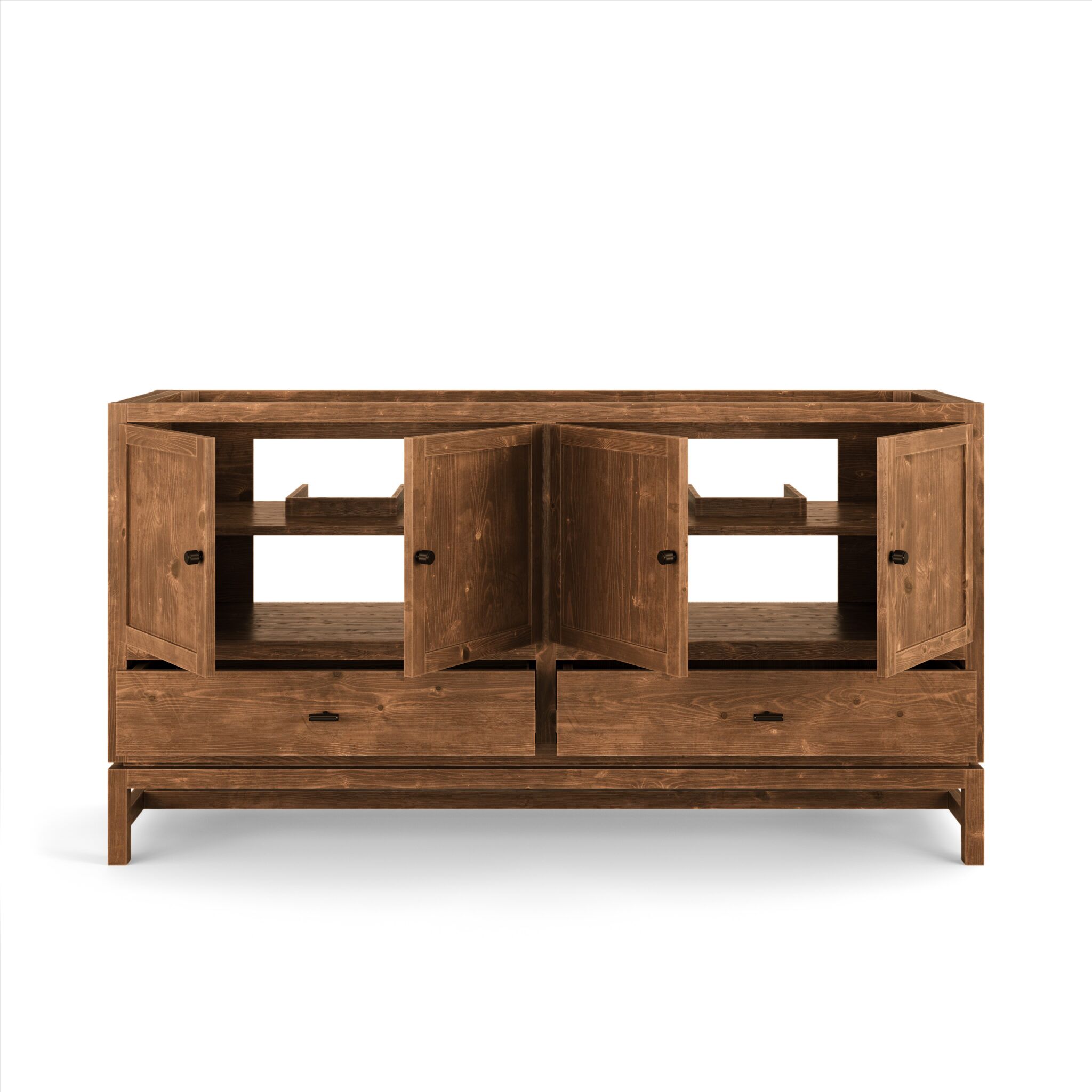 Diego solid wood bathroom vanity with open cabinet doors in British Tan finish