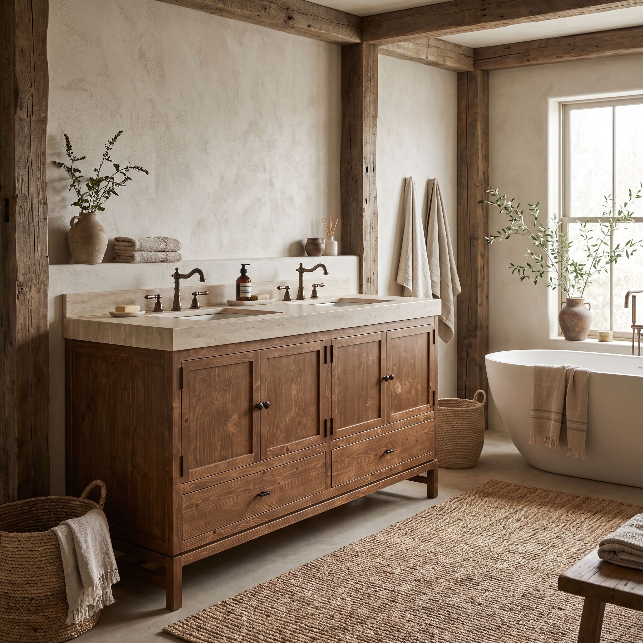 Diego 60 inch solid wood double bathroom vanity in British Tan in a rustic bathroom