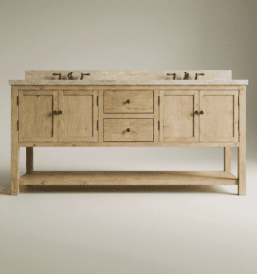 Front studio view of Cardiff 70 inch solid wood double bathroom vanity in Oak with a Whiskey finish